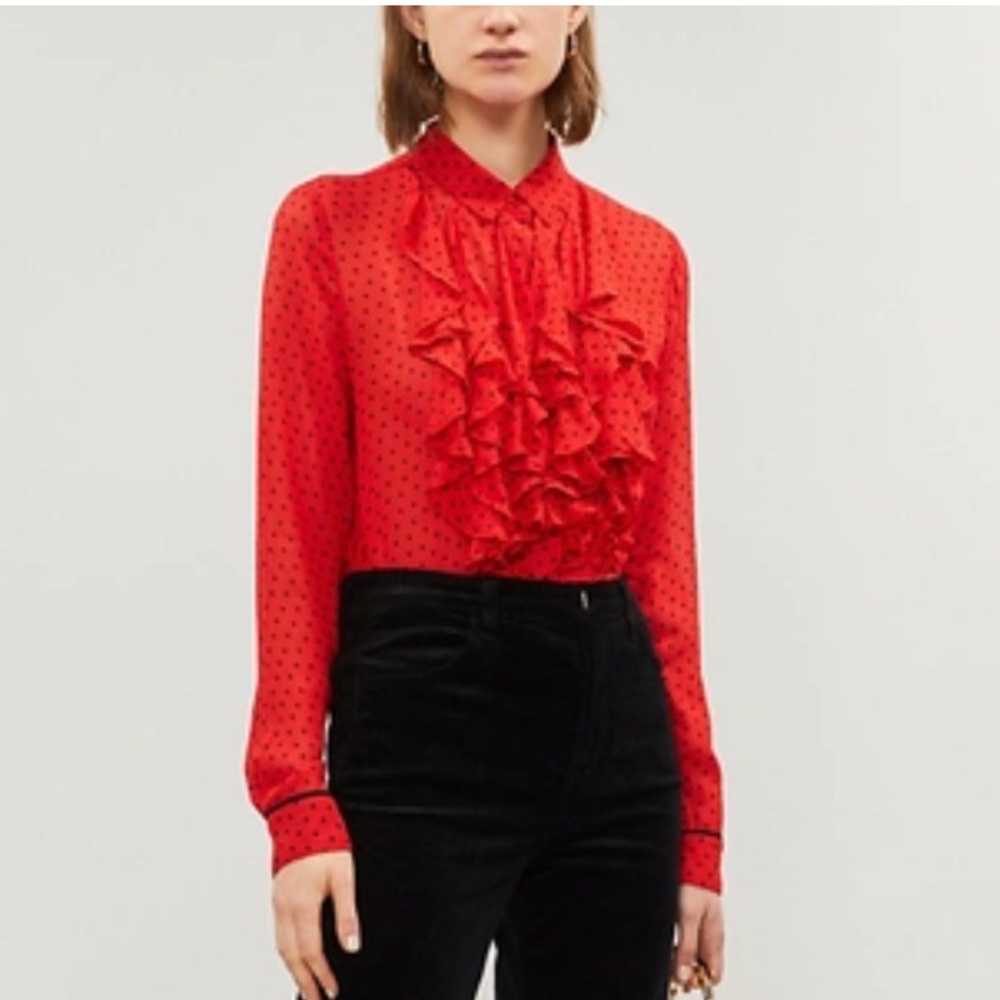 Sold - GANNI - 
Polka Dot Print Long Sleeve Button-Up Top
Size: M | US6, DK36